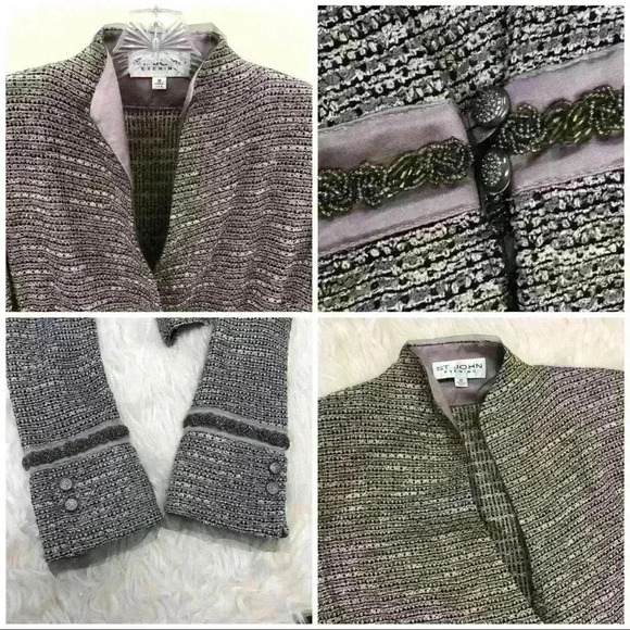 VTG St. John Metallic Tweed Silver Purple Beaded Rhinestone Lace Blazer - Picture 12 of 12